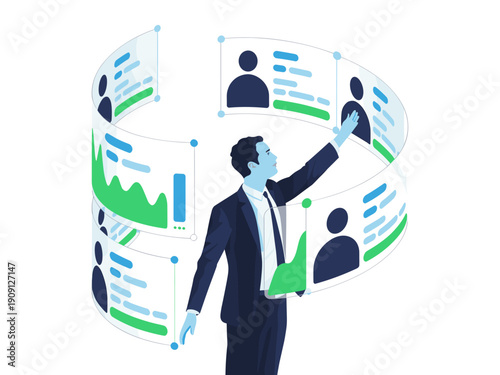 Professional businessman interacting with futuristic holographic interface displaying charts and user profiles for data analysis and human resources management decision making in modern business techn