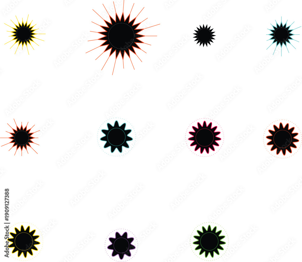 Obraz premium Black firework burst icon set with colorful neon sunburst frames and explosion star shapes vector