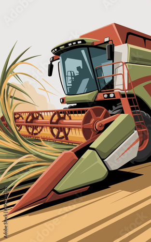 Agricultural combine harvester working in a golden wheat field harvesting grain crop during autumn season modern farming machinery concept for agribusiness and food production industry illustration