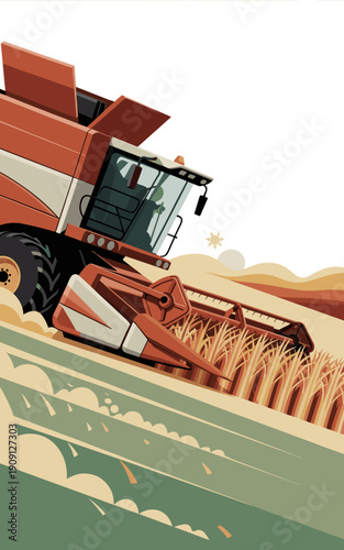 Combine harvester machine harvesting golden wheat field agriculture industry concept rural landscape scene with farmer driving during sunny harvest season for agribusiness farming and food production