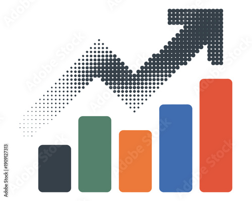 Financial bar chart and dotted arrow showing positive trend growth for business report analytics and economic data visualization vector graphics