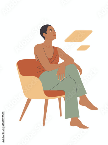 Modern woman sitting thoughtfully in minimalist armchair looking upwards with abstract shapes symbolizing ideas or dreams casual relaxation contemplation brainstorming concept modern lifestyle illustr
