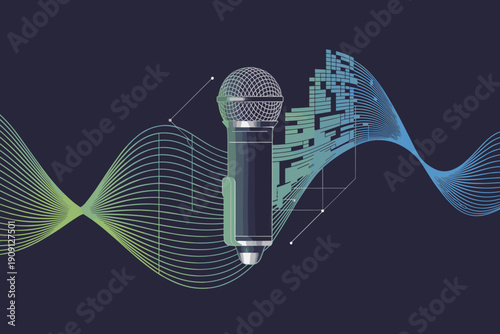 Modern microphone with digital waveform sound wave data visualization abstract technology concept for audio recording broadcasting podcasting music production and communication industry presentations
