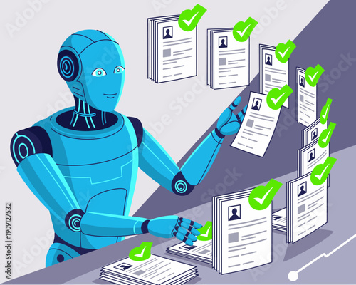Blue robot AI sorting resumes with green checkmarks for successful applicant selection in modern office automation concept for recruitment human resources technology and business process.