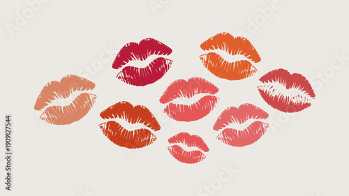 Kiss marks lipstick prints collection in vibrant red orange pink coral hues representing love romance passion beauty cosmetic makeup concept abstract artistic graphic design element for advertising ma