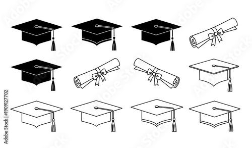 Graduation cap and diploma icon set academic education vector