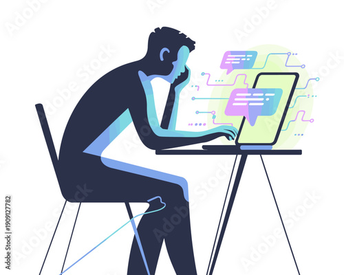 Modern man deep in thought working on laptop screen displaying chat bubbles and digital network connections thoughtful concentration for remote work business strategy technology concept illustration f