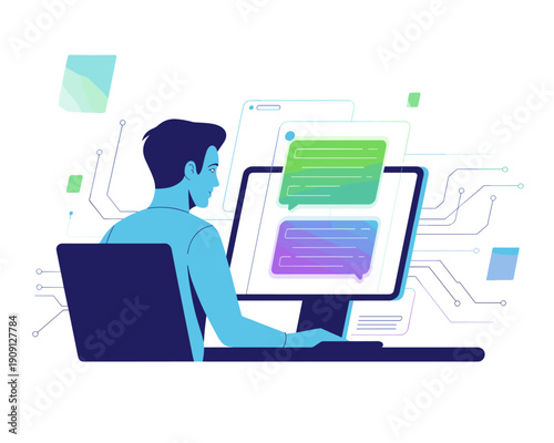 Young man working on computer screen displaying chat messages and communication bubbles modern digital interface for online conversation and networking business concept illustration for technology and