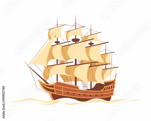 Historic wooden sailing ship with full sails navigating ocean waves exploring ancient maritime adventure vintage transport concept for travel history education or nautical themes