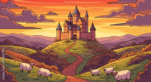 Majestic Castle on a Hilltop A Vibrant Vector Illustration with Sheep and Rolling Hills at Sunset