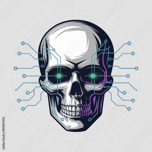 Cybernetic skull with glowing eyes and circuit board connections representing artificial intelligence data processing and future technology concepts for digital innovation cybersecurity and science fi