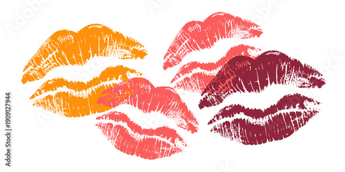 Set of colorful lipstick kiss marks imprints sensual passion romance affection love dating beauty fashion cosmetic makeup product design element isolated on white background vibrant abstract illustrat