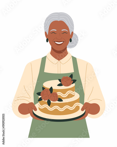 Happy senior Black woman baker holding a decorated two tier cake with flowers smiling warmly and wearing an apron professional baker offering dessert illustration for bakery cafe celebration culinary
