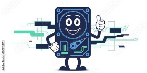 Happy cartoon hard drive character giving thumbs up with digital circuit lines graphic illustration for technology data storage concept modern digital illustration for IT services and cloud computing