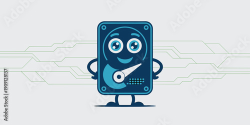 Cute cartoon hard drive character smiling enthusiastically with cheerful eyes and hands on hips representing data storage technology innovation and digital information concepts for IT presentations an