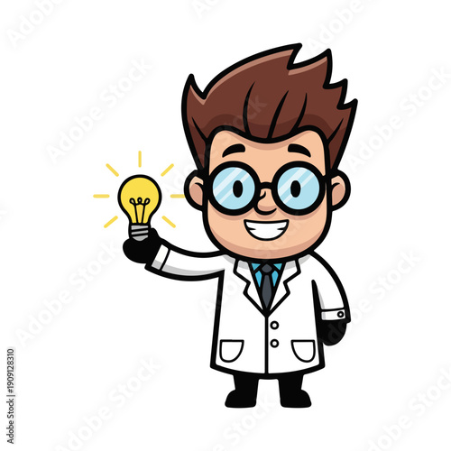 Cartoon scientist character holding a glowing idea lightbulb