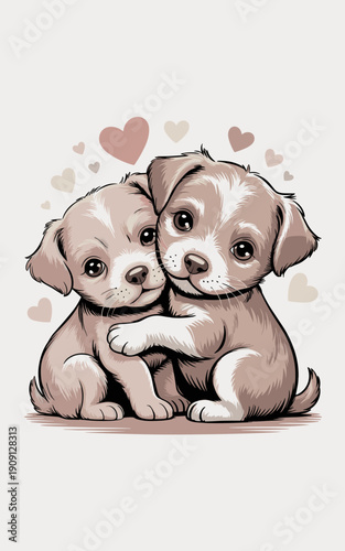 Two adorable fluffy puppies hugging tightly showing love and friendship cute cartoon animal characters embracing with hearts floating around them sweet innocent bond illustration for valentines day ch