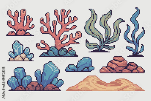 Pixel art coral reef elements sea life underwater flora fauna rocks crystals and sand dunes digital illustration for game development retro style ocean environment assets 8 bit graphic design elements