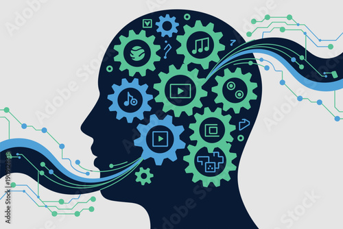 Conceptual human head silhouette with interconnected gears and digital circuits representing artificial intelligence learning and data processing for technology innovation business strategy and inform