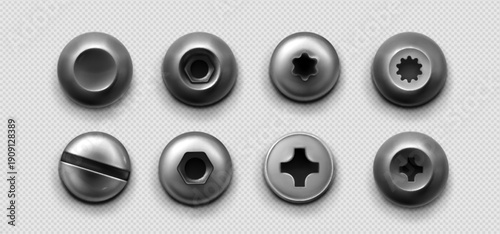 Metal screws and bolts with different head types, realistic vector illustration top view. 3d steel hardware elements, nuts and rivets with silver polish effect isolated on transparent background