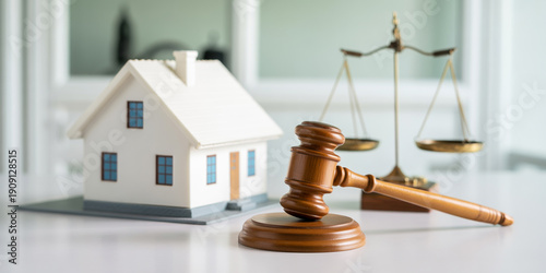 A miniature house gavel and scales of justice represent legal property matters