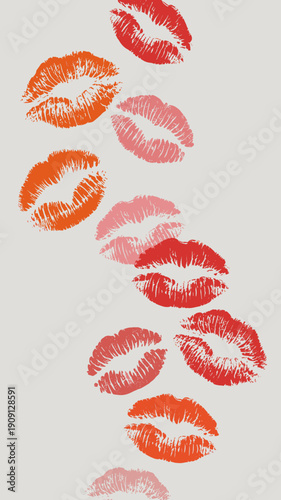 Collection of vibrant red and orange lipstick kiss marks forming a vertical pattern on a neutral background romantic expression passion love and beauty concept for cosmetic advertising and graphic des