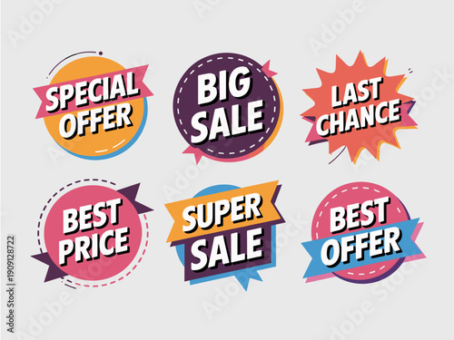 Set of vibrant sale offer badges and labels special offer big sale last chance best price super sale best offer modern graphic design elements for marketing advertising retail promotions and e-commerc