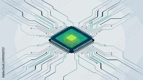Central processing unit microchip with glowing green core and radiating circuit board pathways for technology innovation data processing and digital transformation concepts modern electronic component