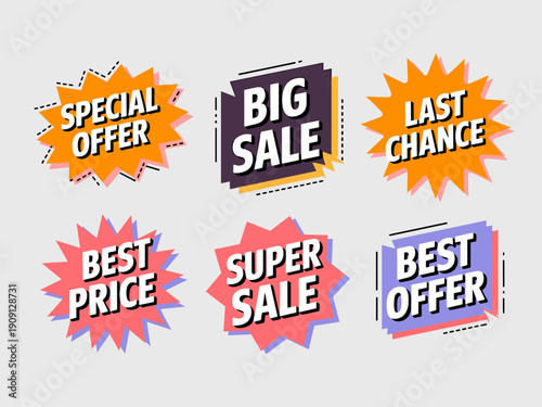 Collection of vibrant sale and offer stickers big sale special offer last chance best price super sale best offer graphic design elements for retail marketing advertising promotions and e-commerce cam