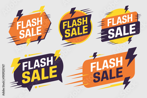 Flash Sale banners with lightning bolts and speed lines for retail marketing promotions and online advertising campaigns conveying urgency and excitement for limited time offers and special discounts