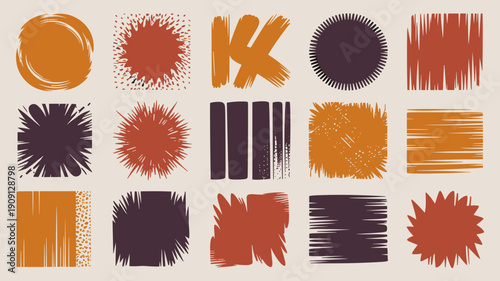 Abstract geometric shapes and textures in warm earthy tones of orange brown and purple for modern graphic design elements creative backgrounds and artistic compositions with a retro vintage feel and o