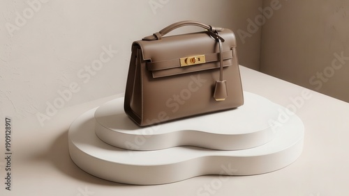 Elegant taupe leather handbag with gold clasp and top handle displayed on a minimalist white stand.