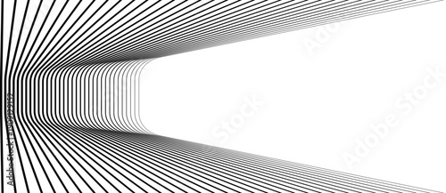 Curved black lines on white background forming tunnel-like corridor with depth and perspective. Abstract geometric optical illusion perfect for modern design, branding, or creative projects.