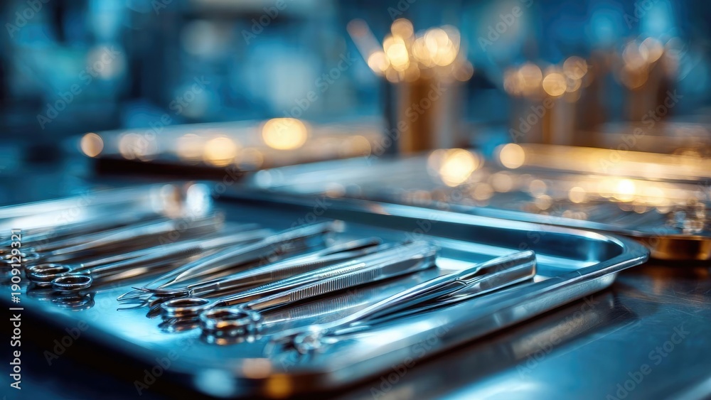 Obraz premium Surgical scissors, forceps and clamps arranged on a stainless steel tray in a sterile operating room. Concept Surgical instruments, Sterile operating room, Medical equipment