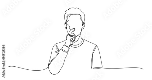 Minimalist line art of pensive young adult male. No editable stroke