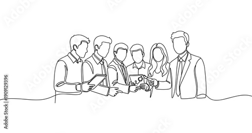 Line art of business team collaboration discussion with documents and tablets. No editable stroke