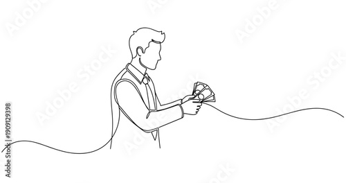 Line art of caucasian male adult holding money with confidence. No editable stroke