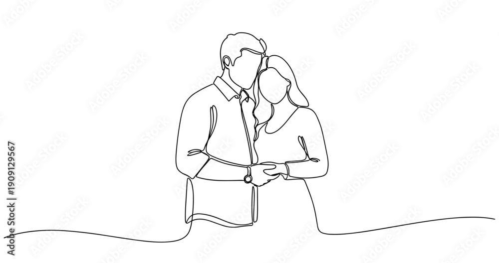 Obraz premium Continuous line art of caucasian couple embracing. No editable stroke