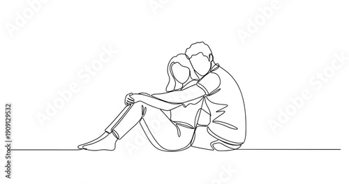 Line art of couple sitting together: intimacy and connection. No editable stroke