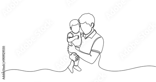 Line art of caucasian male adult holding child in loving embrace. No editable stroke
