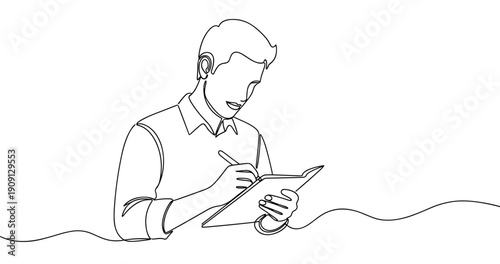 Line art of young caucasian male writing on clipboard. No editable stroke