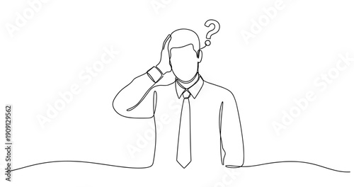 Line art of confused male professional with question mark. No editable stroke