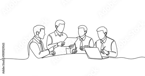 Line art illustration of four caucasian male adults collaborating in a business meeting. No editable stroke