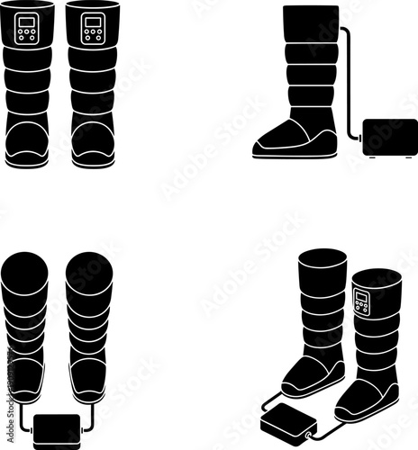 4 view Recovery Compression Boots Vector Icon Set | Therapeutic Pneumatic Leg Massager System Glyphs for Circulation, Post-Workout Relief, and Lymphatic Drainage Treatment Diagrams