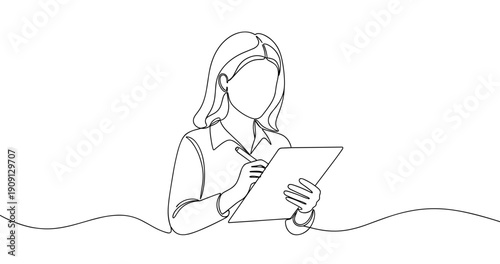 Female adult writing on tablet with stylus in minimalist line art style. No editable stroke