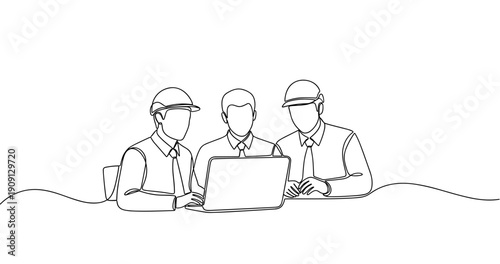 Three engineers collaborating on project with laptop in continuous line drawing. No editable stroke