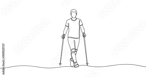 Young caucasian male hiking with poles on uneven terrain. No editable stroke