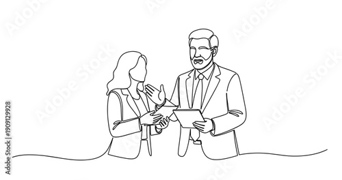 Outline of two adults in business attire discussing with tablets. No editable stroke