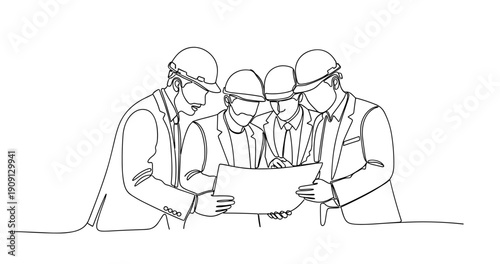 Team of caucasian male engineers discussing project blueprints. No editable stroke
