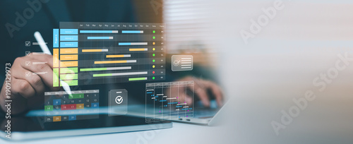 Project management dashboard with Gantt chart, task checklist and calendar interface over laptop. Business workflow planning, deadline tracking, progress monitoring and productivity software concept.